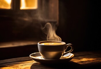 Fototapeta premium detailed close shot steaming coffee cup resting rustic wooden surface emphasizing rich aroma texture brew, beverage, drink, ceramic, white, table, warm, cozy