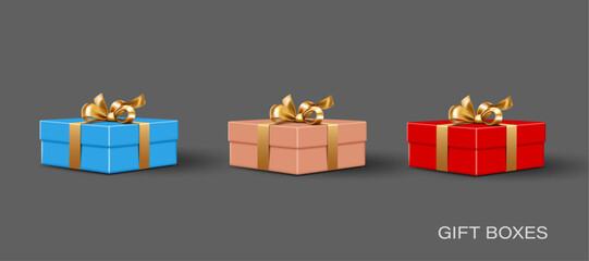 set of multi colour gift boxes with golden bow, gift boxes isolated on the dark grey background vector illustration.
