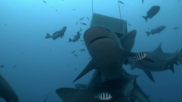 Close-up gray bull shark eats fish near divers underwater ocean of Tonga. Divers feed school of sharks Carcharhinus leucas in underwater marine wildlife of Pacific Ocean. Shark diving safari tourism