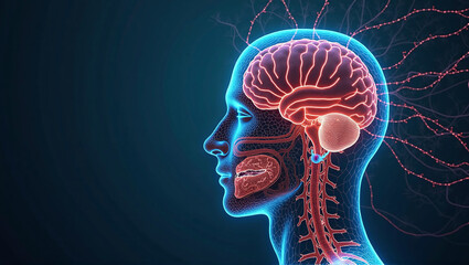 Graphic conceptual illustration of the nervous system in the human body, external environmental influences, sensory perception