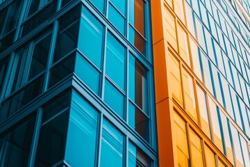 Fototapeta premium A close-up of the side profile facade of an office building, featuring vibrant colors like blue and orange on its exterior walls.