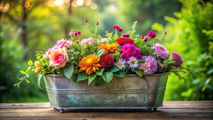 Naklejka premium Freshly picked flowers are arranged in a vintage metal planter surrounded by lush greenery, flowers, earthy tones, natural elements