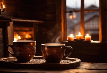 charming scene cozy coffee duo steamed mugs rustic table soft candle light relaxing atmosphere, brew, warmth, drink, beverage, caffeine, aroma, cafe, interior