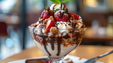 A decadent dessert with whipped cream, strawberries, chocolate sauce, and chocolate pieces in a glass bowl.