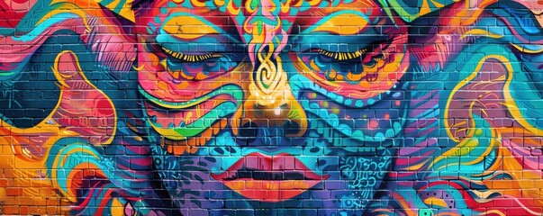 Vibrant street art mural on a brick wall, 4K hyperrealistic photo