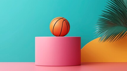 Obraz premium Basketball balancing on pink cylindrical stand with teal and orange background and a palm leaf