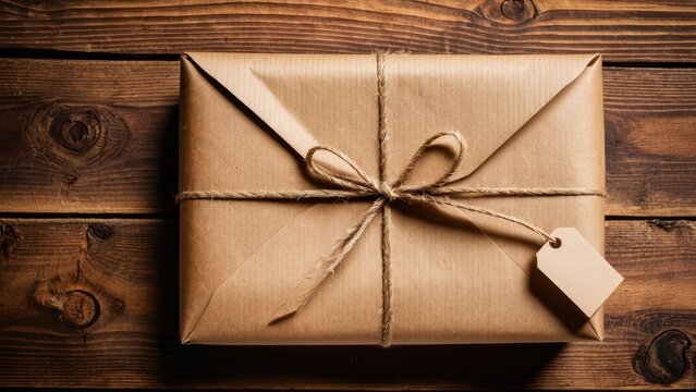 Thoughtfully wrapped gift in kraft paper with a string tie and tag, symbolizing care and attention to detail, perfect for delivery or special occasions.