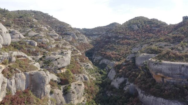 Aerial shot of the rocky, climbable cliffs in the Margalef region, Spain