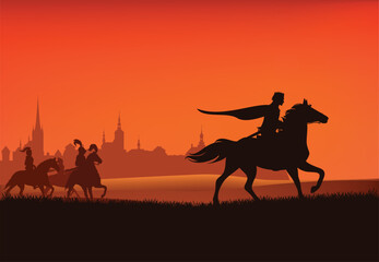 fantasy prince and group of medieval knight guards riding horses in the field with castle city silhouette in the background - vector middle ages sunset scene