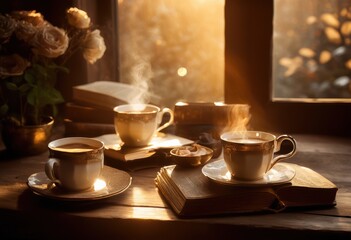 Obraz premium warm inviting coffee cups displayed rustic wooden creating cozy atmosphere perfect relaxation intimacy, beverages, table, design, interior, warmth, morning