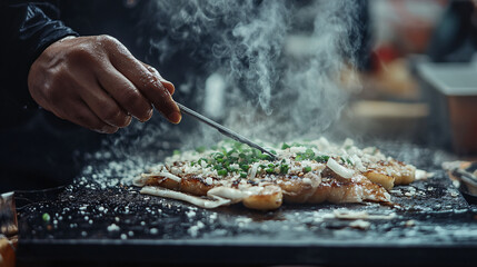 Close Up Of Hand Using A Spatula To Cook Sizzling Food On A Hot Plate With Steam