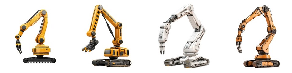 Fototapeta premium A collection of industrial robotic arms in various designs and colors, showcasing advanced automation technology used in manufacturing.