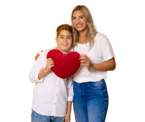 Happy mother and son together holding heart isolated over transparent background.