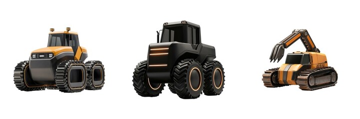 Obraz premium Three distinct construction vehicles: a tractor, a multi-wheeled vehicle, and an excavator, all featuring a yellow and black color scheme.