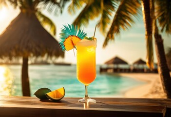 vibrant tropical drink colorful umbrella set bright background evoking summer vibes refreshing leisure, beverage, cocktail, refreshment, fruit, pineapple