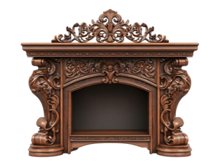 a carved wood fireplace with a shelf