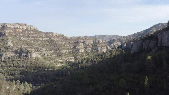 Aerial shot of the rocky, climbable cliffs in the Margalef region, Spain