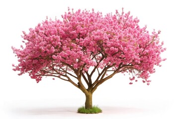 Fototapeta premium Isolated spring tree with pink blossom on white background from high angle view