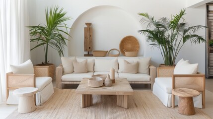 A chic sitting area adorned with minimalist furniture against a white canvas backdrop, Infused with Mediterranean elegance, Coastal chic style