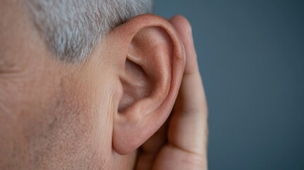 Fototapeta premium A close-up of a person's ear with a hand cupped around it, capturing a gesture of listening intently.