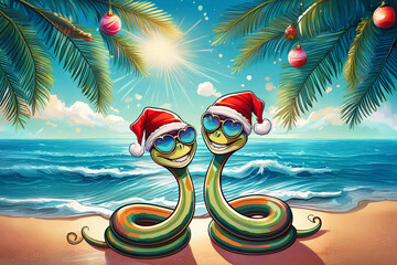 Happy couple of snakes are on Christmas holidays in the tropics.