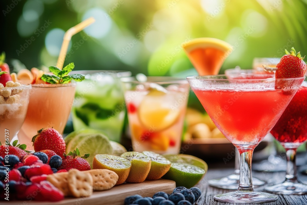 Aufkleber colorful cocktails and delicious snacks are beautifully arranged on a table, creating a festive atmo