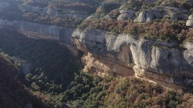 Aerial shot of the rocky, climbable cliffs in the Margalef region, Spain