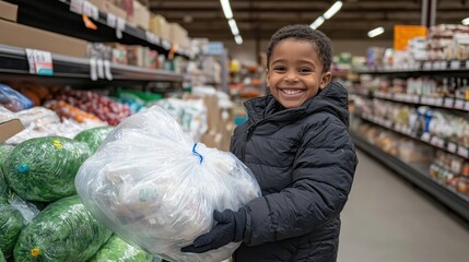 A smiling boy in a store holds a large plastic bag, surrounded by fruits and vegetables, showcasing helpfulness and joy in everyday tasks.