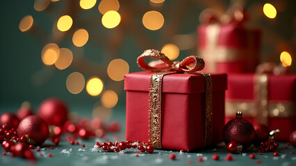 Festive holiday presents adorn a merry Christmas backdrop with twinkling lights and colorful decorations surrounding a beautifully wrapped gift.