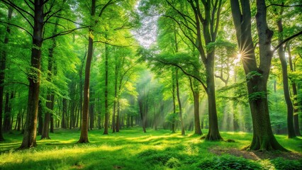 Naklejka premium lush green forest landscape with tall trees and vibrant foliage, nature, vegetation, forest
