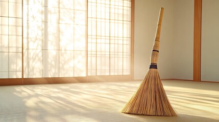 Traditional Broom in Calm Japanese Room with Light