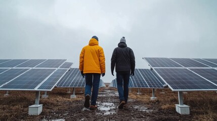 Two warmly dressed figures stride between solar panels, reflecting sustainable progress and environmental awareness.
