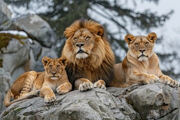 idea for a painting-Majestic lion family in grayscale, symbolizing unity and strength.