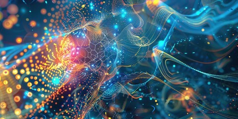 Abstract representation of human and AI minds merging. A complex tapestry of vibrant neural networks and digital data streams with colorful synapses and glowing binary codes. Deep cosmic blue