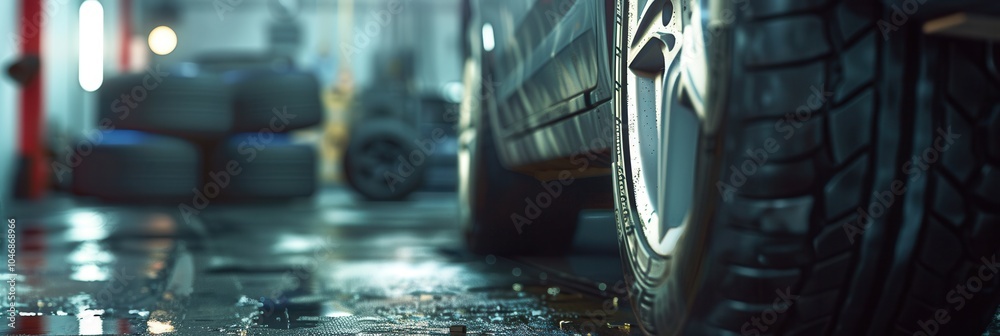 Poster a mechanic is changing tires on a car inside a well-maintained garage, utilizing tools and nearby sp