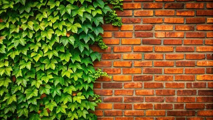 Minimalist aged red brick wall with lush green ivy vine plant growing on left side background asset