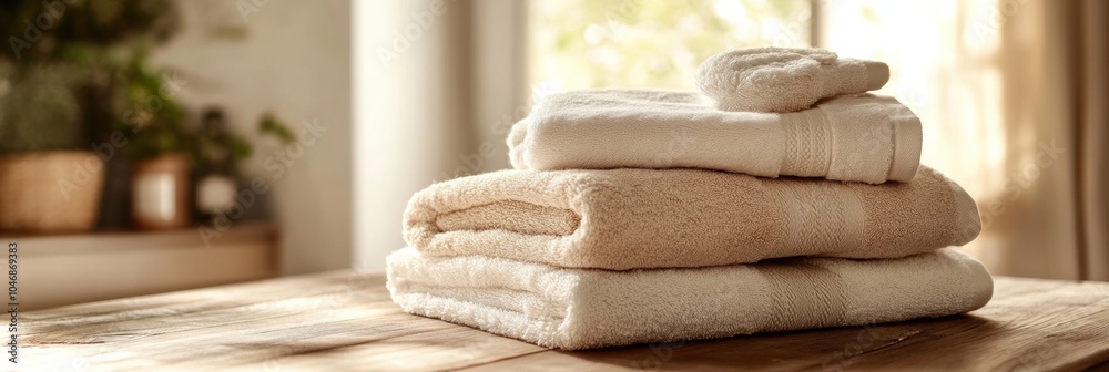 Aufkleber a stack of soft towels rests on a wooden surface, illuminated by warm natural light, adding a sense 