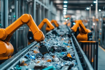 Robotic arms sorting plastic waste in a modern recycling facility