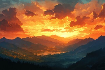 Obraz premium Splendor of the Mountains: Soft Morning Light, Dramatic Sky, and Orange Glow