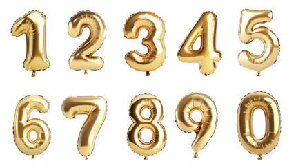 Golden number balloons from 0 to 9, perfect for celebrations, parties, and festive decorations. Shiny metallic finish for vibrant display.
