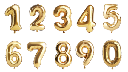 Golden number balloons from 0 to 9, perfect for celebrations, parties, and festive decorations. Shiny metallic finish for vibrant display.