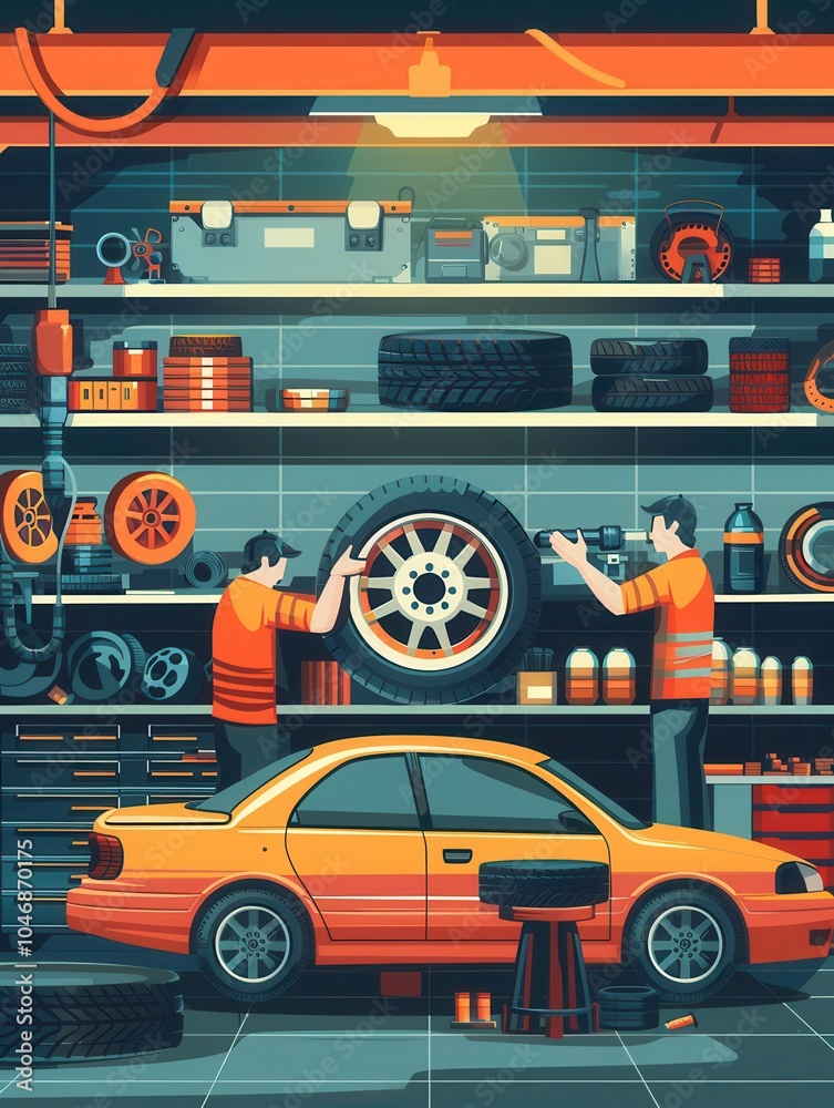 Poster two mechanics work on changing tires for an orange car in an organized garage with tools and equipme