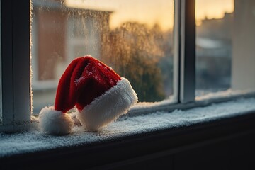 Santa's Hat Resting on a Snowy Windowsill at Sunset