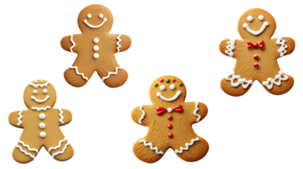 Four cute gingerbread cookies decorated with icing, isolated on white background. Perfect for Christmas and holiday themes.