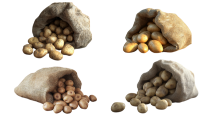 Four burlap bags filled with fresh potatoes, showcasing different varieties and sizes on a white background.
