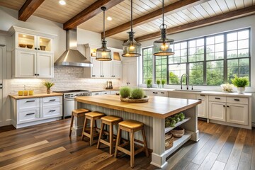 Stylish Modern Farmhouse Kitchen with White Cabinets and Spacious Island Seating for Five