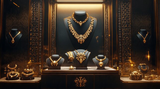 A display of gold necklaces and bracelets in a store