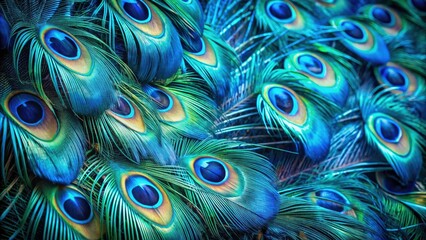 Surreal Close-Up of Blue Peacock Feathers - Nature's Vibrant Patterns and Textures Captured in Fine Detail for Artistic Exploration and Imaginative Visuals