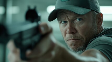 A tense scene captures a man aiming a gun with resolute focus, his expression serious amid a backdrop of suspense and drama, infusing the image with intensity.