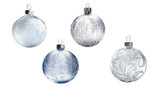 Elegant silver and blue Christmas ornaments with intricate designs, perfect for holiday decoration and seasonal celebrations.